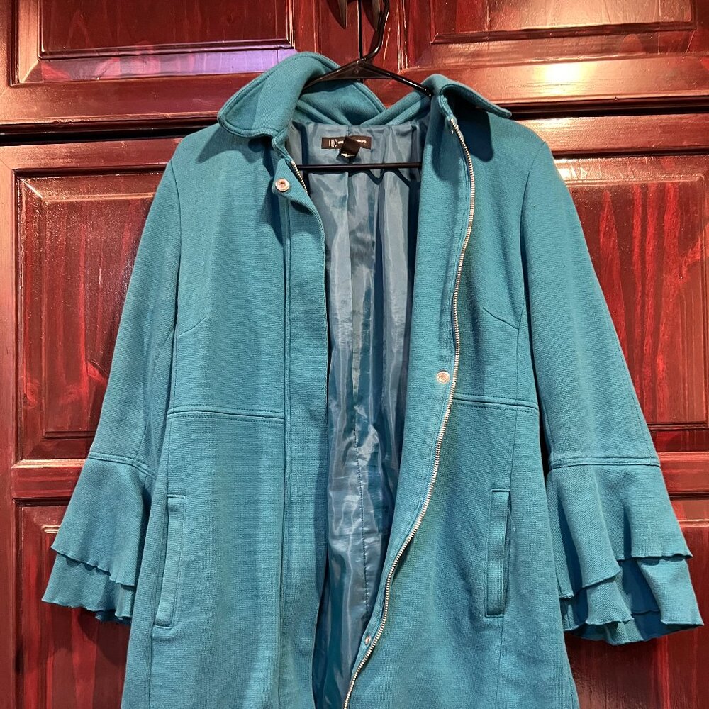 International Concepts INC Blue Jacket Ruffle Sleeves M 100% Cotton